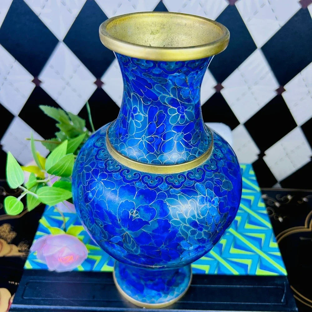 Vintage Blue Cloisonné Floral Vase Brass Trim 10" - Picture 5 of 10
